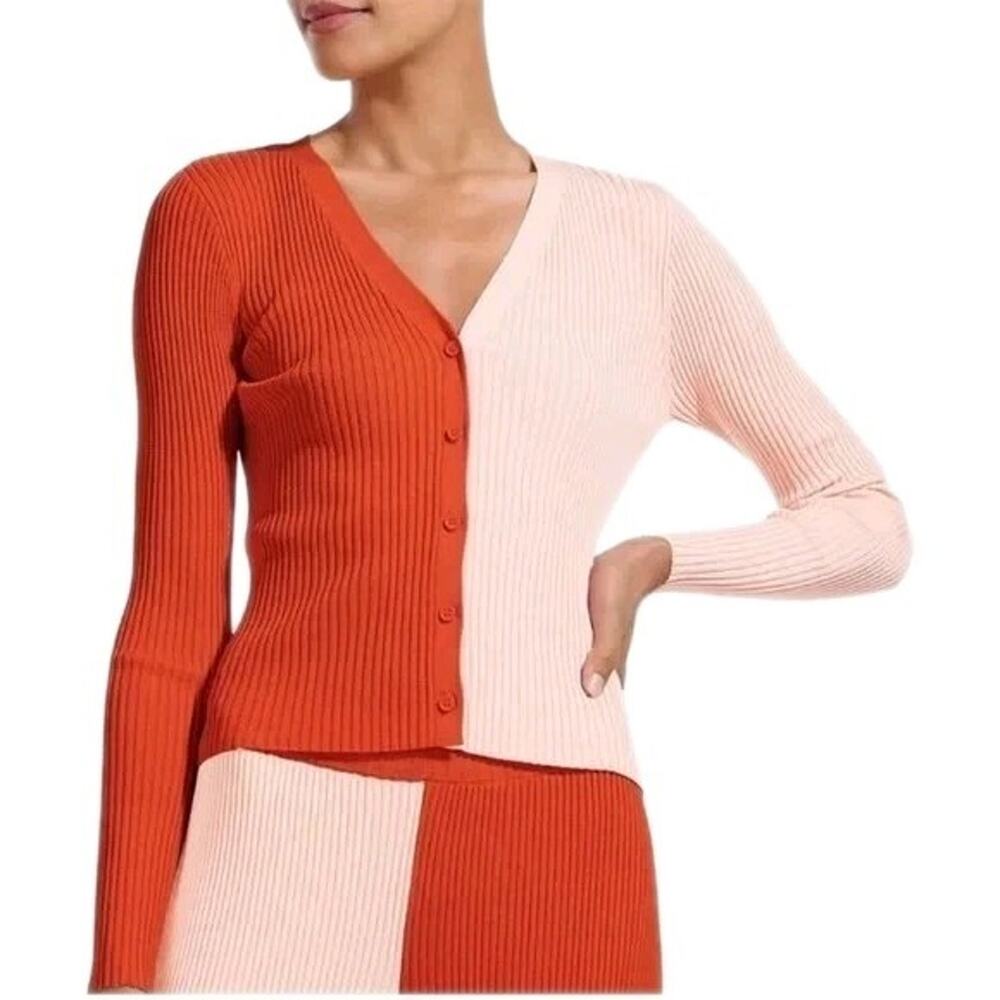 STAUD Red Pink Colorblock Two Tone Cargo Knit Sweater Long Sleeve Women's Small